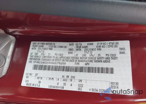 2016 Ford Escape Se из США, поврежденный, VIN 1FMCU9GX5GUC76200